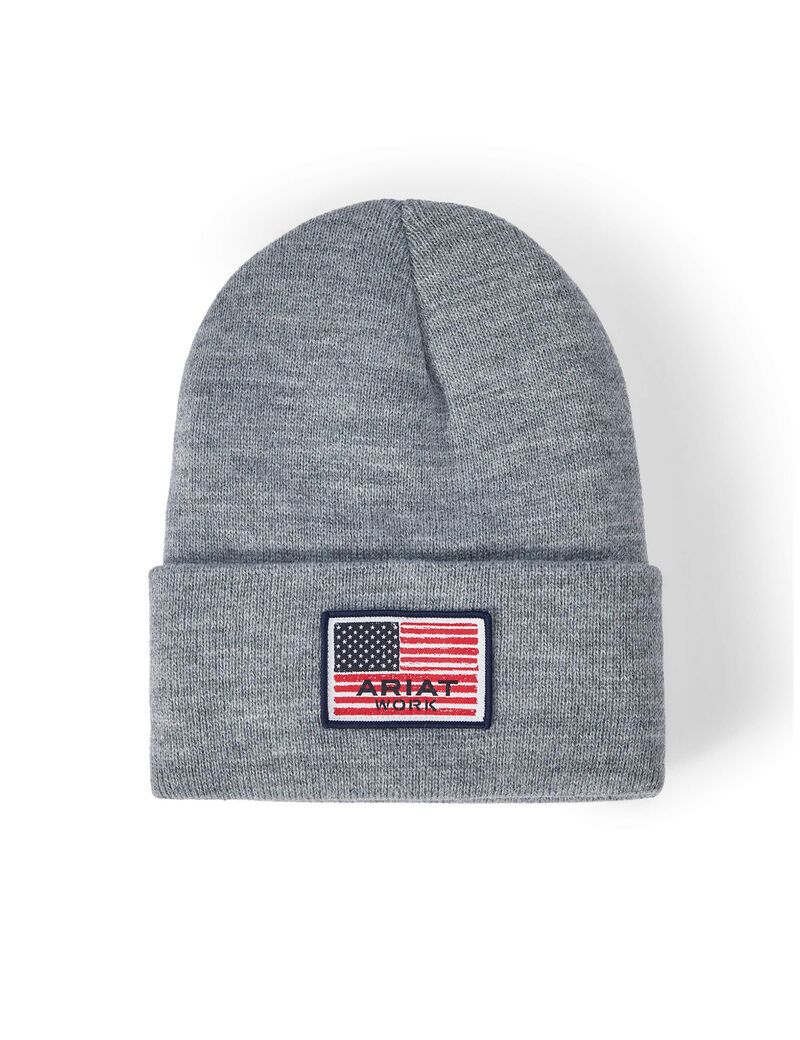 Chapeaux Ariat Rebar American Flag Patch Beanie Grise | 673801VNK