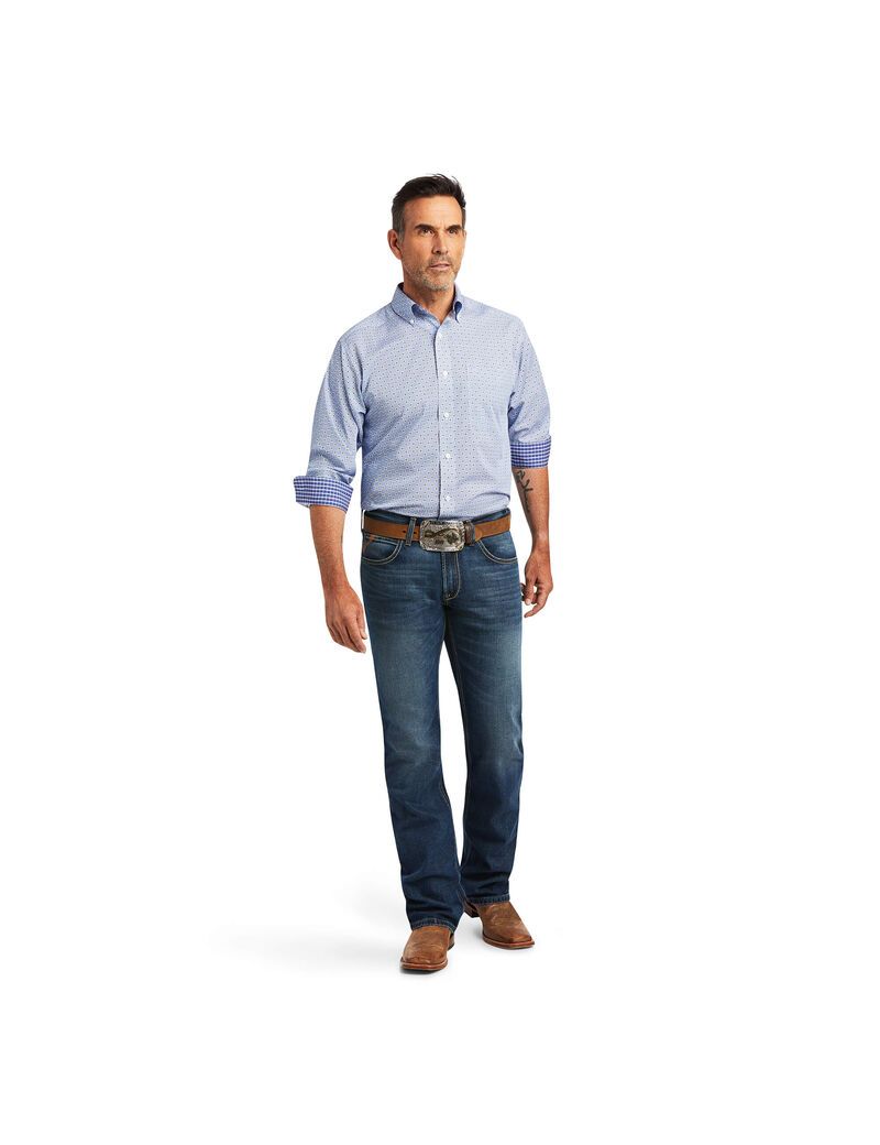 Chemises De Costume Ariat Wrinkle Free Caysen Classiche Fit Bleu | 985401TCD