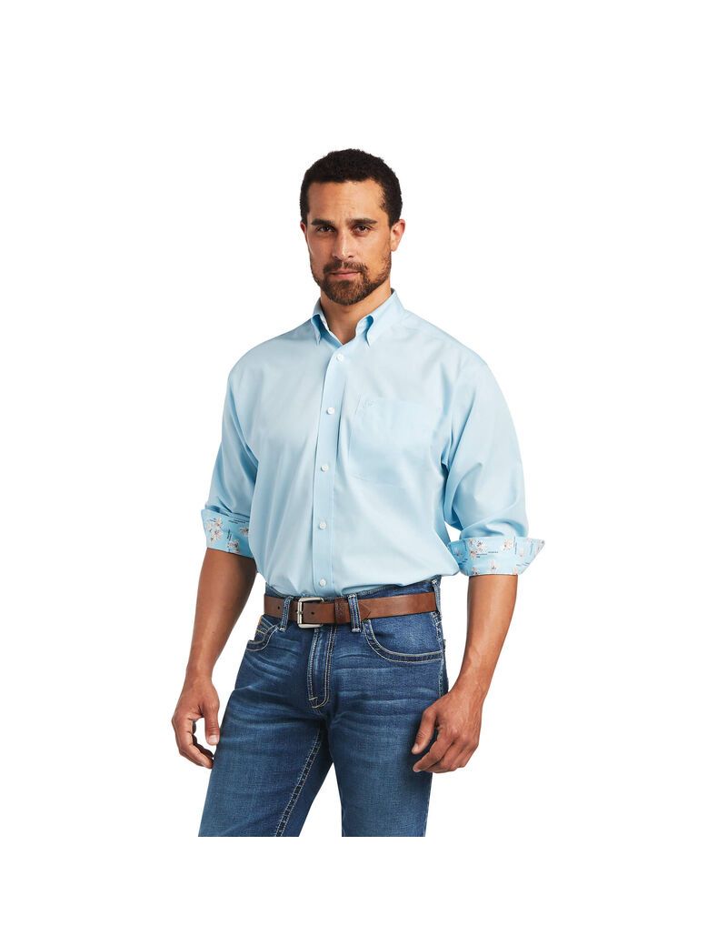 Chemises De Costume Ariat Wrinkle Free Solid Pinpoint Oxford Classiche Fit Bleu | 261509OZN