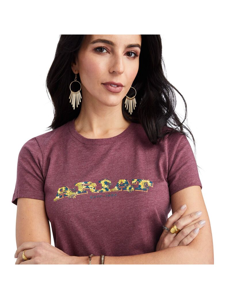 Hauts Ariat Floral Lettres Tee Bordeaux | 925468WRD