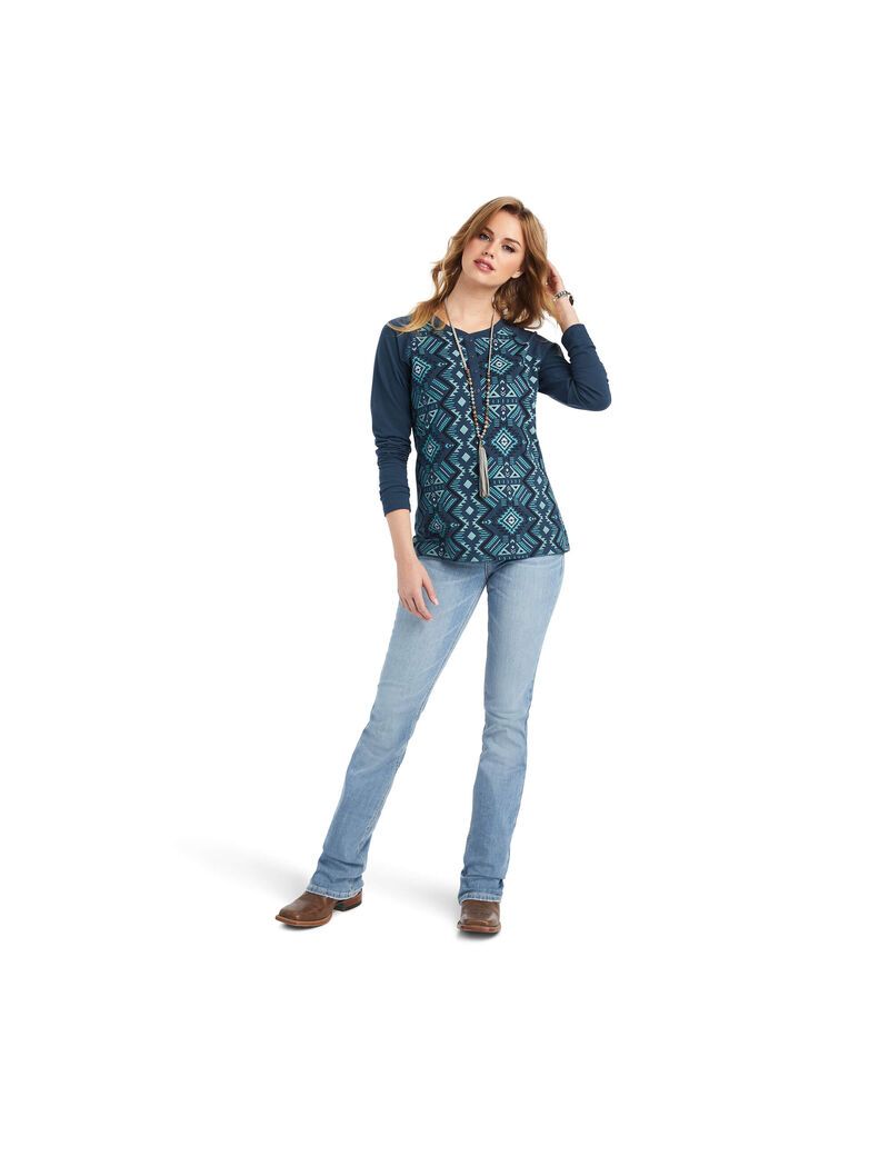 Hauts Ariat REAL Printed Henley Multicolore Bleu Marine | 497531QUB